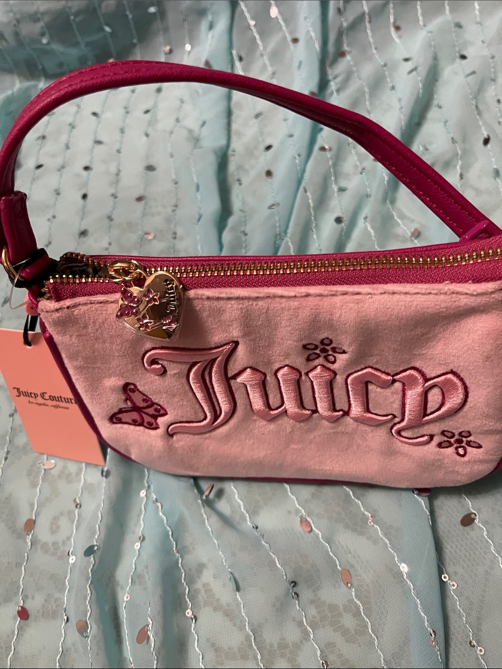 Juicy Couture Pink Velvet Pouch with Embroidered Butterfly